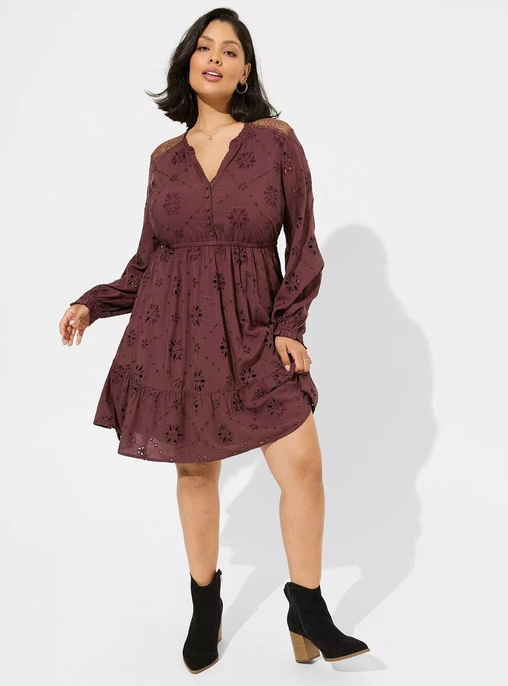 Torrid Mini Eyelet Challis Shirt Dress Sassafras Burgundy Maroon Long Sleeve